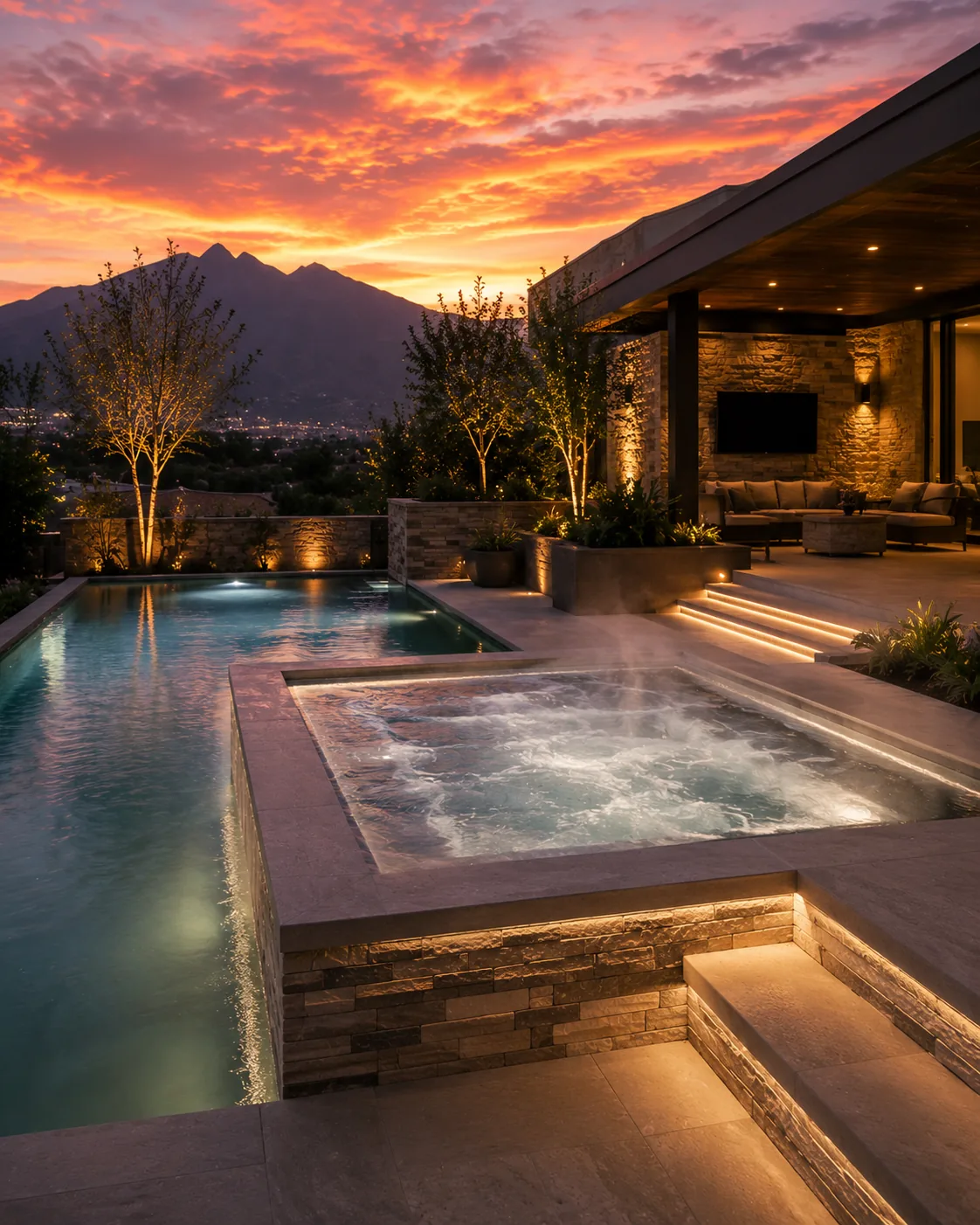 Construcción cuidada de alberca de lujo con vista a la sierra, Monterrey
