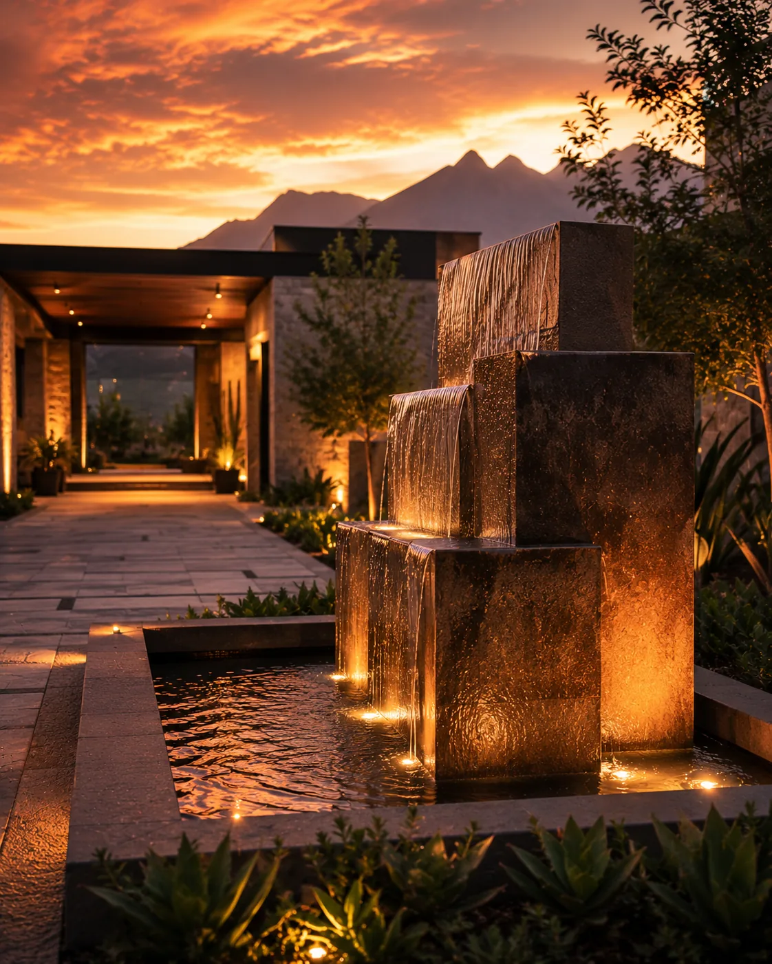 Propiedad de lujo con alberca y jardines en Monterrey al atardecer