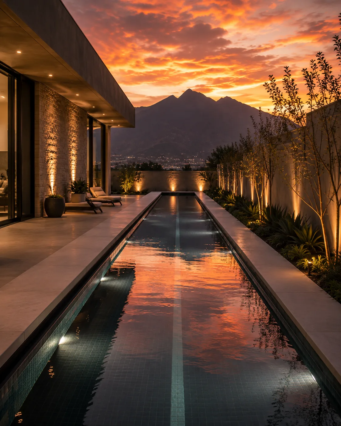 Fuente de agua junto a alberca de lujo en Monterrey al atardecer