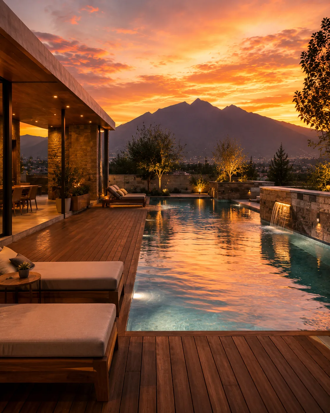 Alberca infinity de lujo al atardecer con vista a la Sierra Madre, Monterrey