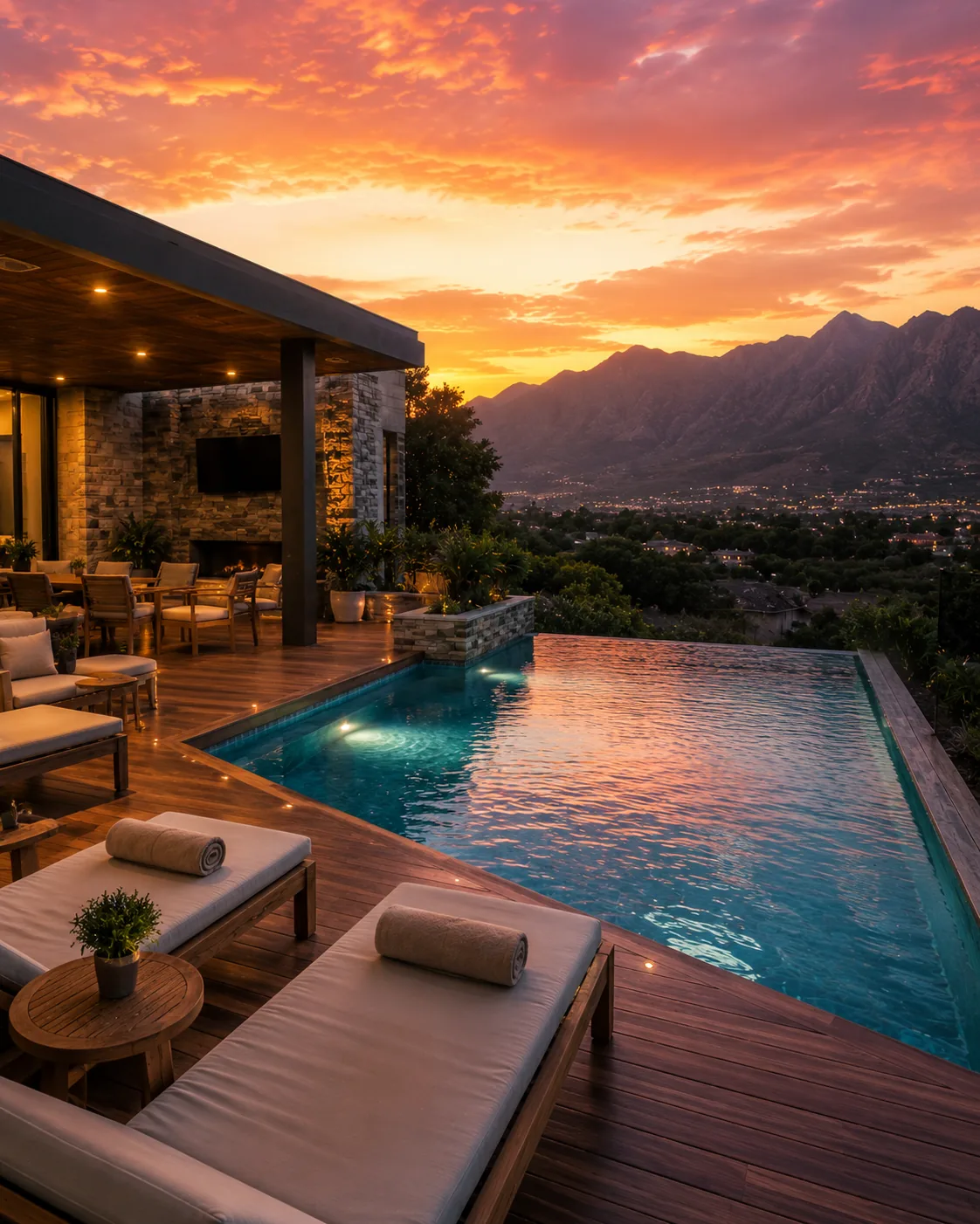 Acabados de piedra natural y deck de madera en alberca de lujo, Monterrey