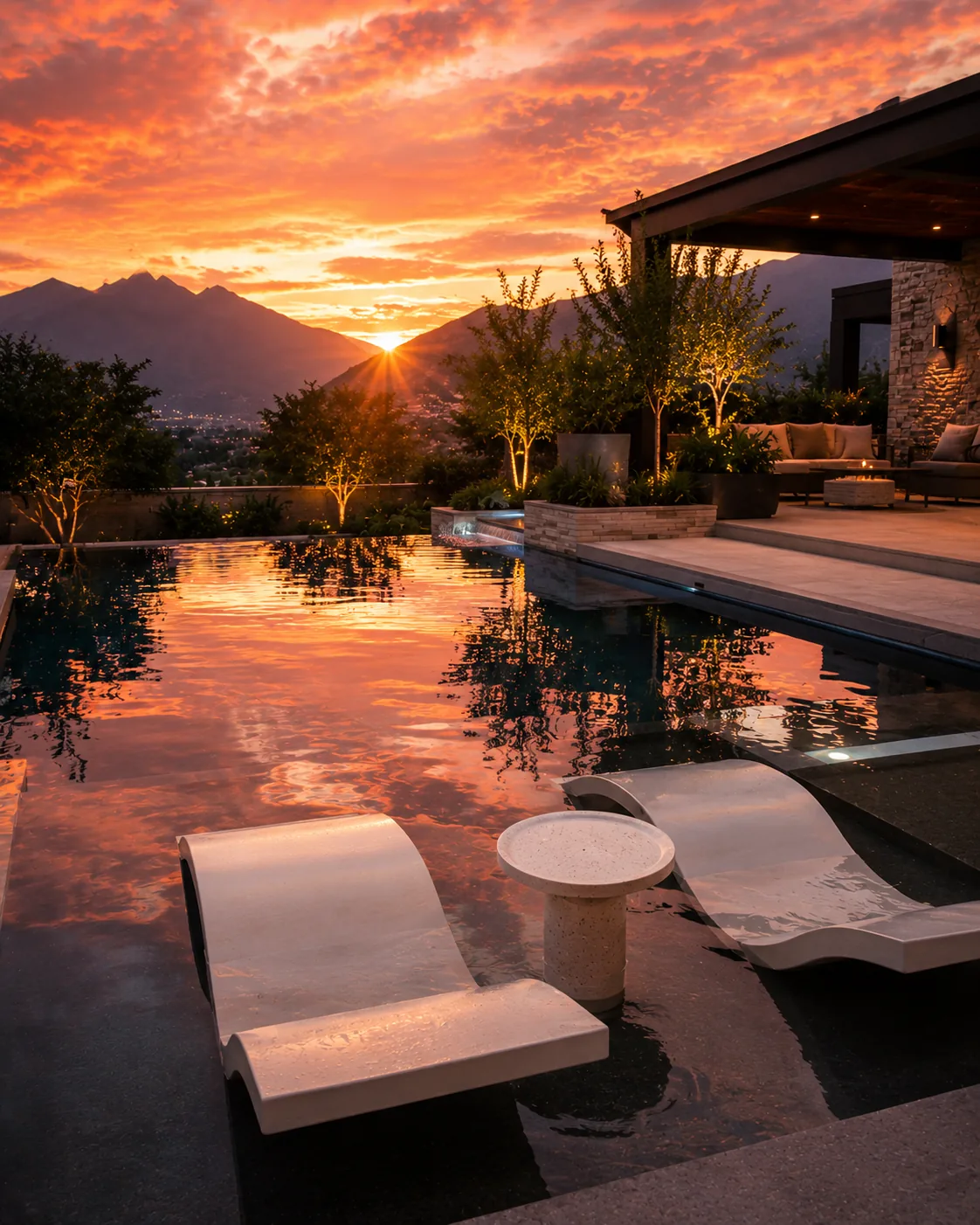 Alberca de lujo con iluminación automatizada al atardecer en Monterrey