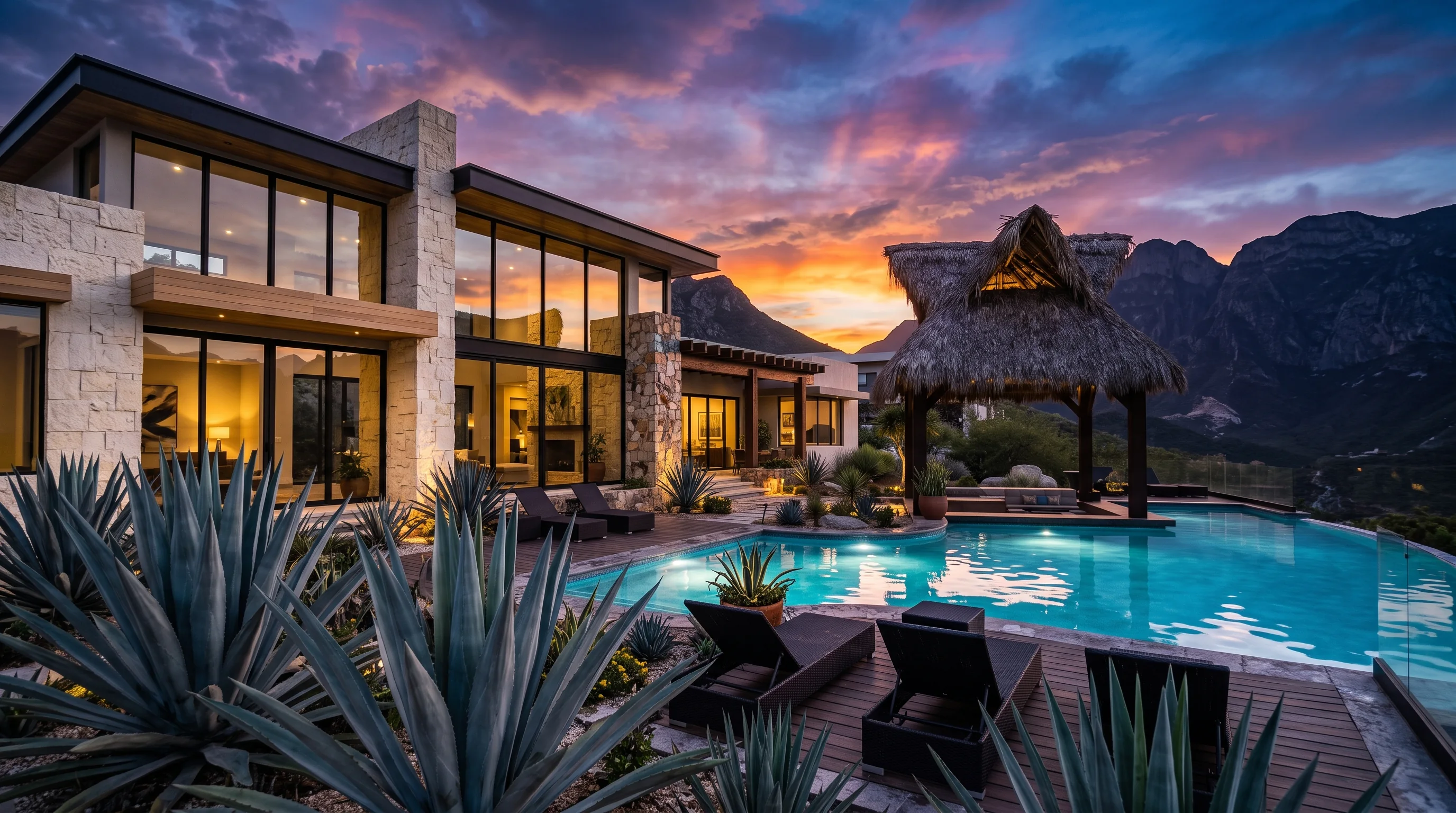 Casa de campo de lujo con alberca y palapa frente a la sierra
